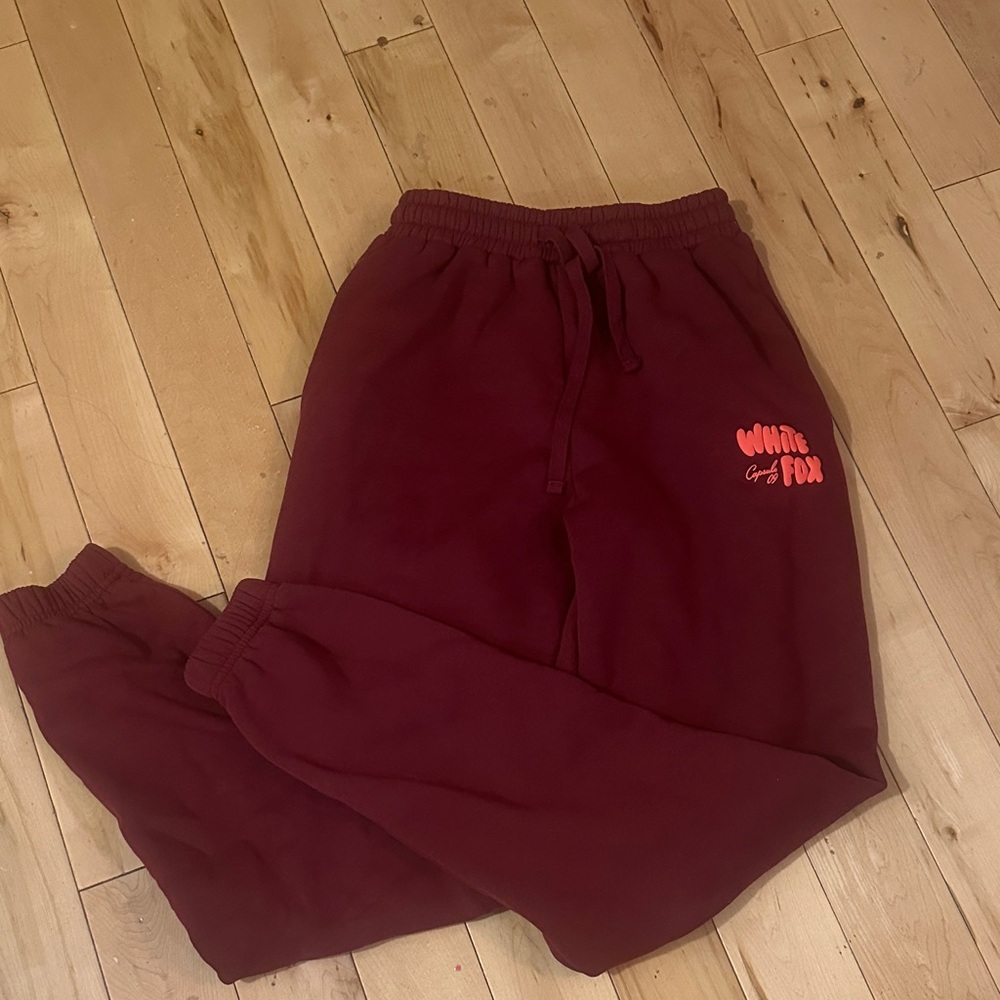 white fox burgundy red pants
